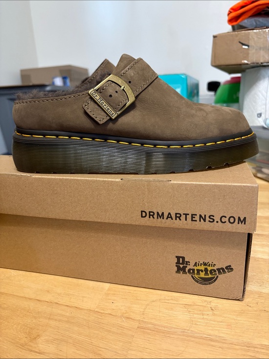 Dr. Martens Shoes - Dr. Martens  Brown Suede Buckle Clog with Yellow Stitching